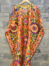 Mustard yellow Warli print silk blend floral kaftan
